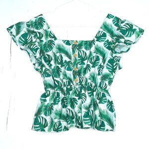 White with Green Tropical Print Flutter-Sleeve Peplum Blouse Boho Resort Lounge